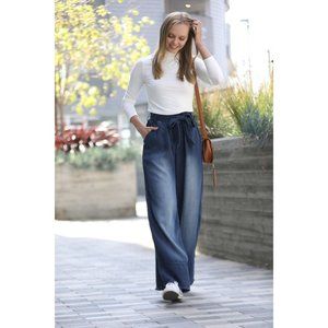 MIDNIGHT CHAMBRAY PAPERBAG WAIST BELTED WIDE LEG PANTS WITH POCKETS